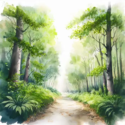 A watercolor painting depicts a pathway winding through a lush forest.