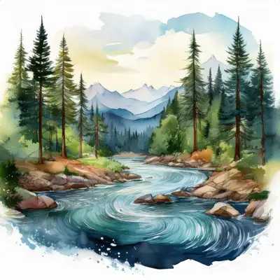 A serene watercolor painting depicts a meandering river flowing through a mountain valley at sunset, surrounded by lush evergreens and rocky banks