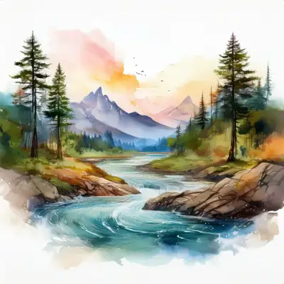 A serene watercolor painting depicts a meandering river flowing through a mountain valley at sunset, surrounded by lush evergreens and rocky banks