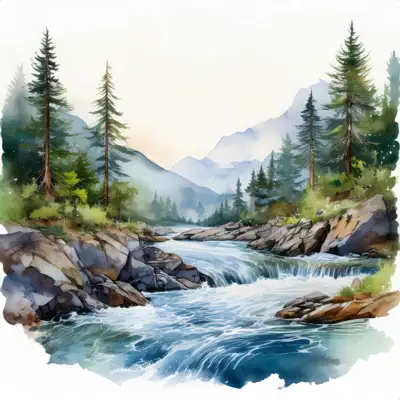 A serene watercolor painting depicts a meandering river flowing through a mountain valley at sunset, surrounded by lush evergreens and rocky banks