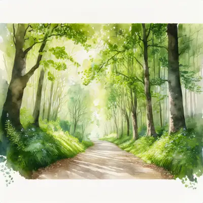 A watercolor painting depicts a pathway winding through a lush forest.