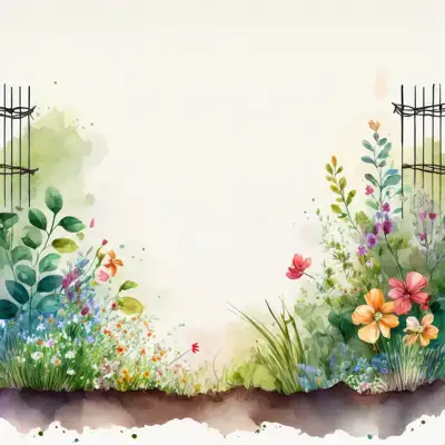 A watercolor painting depicts a tranquil garden scene with a rustic wooden fence partially obscuring a path leading into a lush, colorful wildflower meadow with copy space