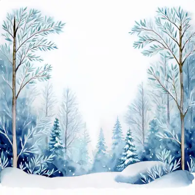 A winter forest scene of snow. Small, frosted bushes and branches are scattered across the snow with copy space.