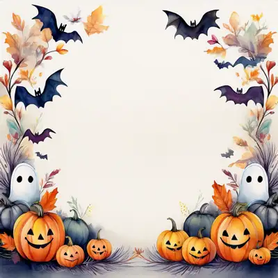 Halloween-themed illustration featuring smiling jack-o'-lanterns, friendly ghosts, and bats with copy space.