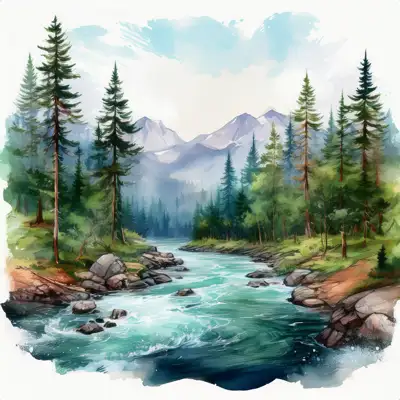 A serene watercolor painting depicts a meandering river flowing through a mountain valley at sunset, surrounded by lush evergreens and rocky banks