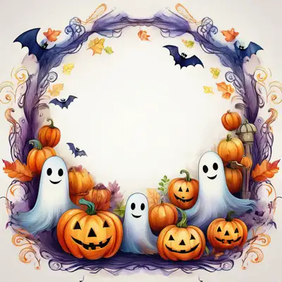 Halloween-themed illustration featuring smiling jack-o'-lanterns, friendly ghosts, and bats with copy space.