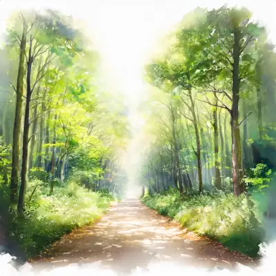 A watercolor painting depicts a pathway winding through a lush forest.