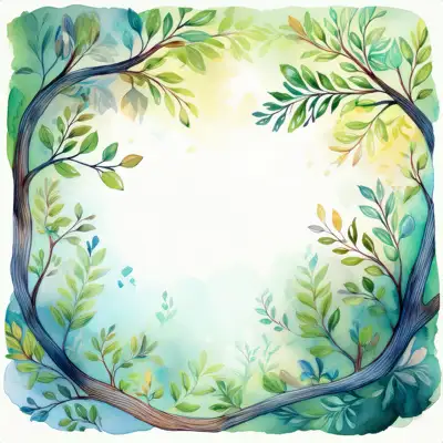 A watercolor-style illustration, featuring stylized tree branches and leaves in various shades of autumnal colors with copy space
