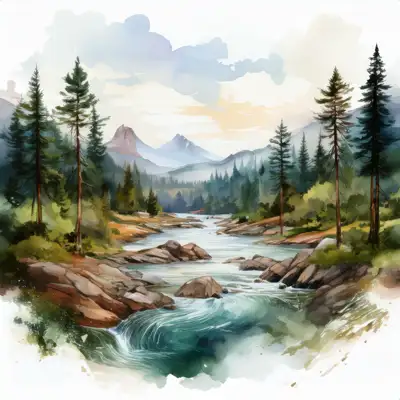 A serene watercolor painting depicts a meandering river flowing through a mountain valley at sunset, surrounded by lush evergreens and rocky banks