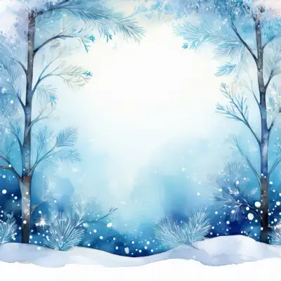 A winter forest scene of snow. Small, frosted bushes and branches are scattered across the snow with copy space.