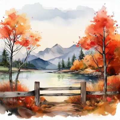 A serene watercolor painting depicts a tranquil autumnal lake scene nestled amidst colorful foliage and mountains, viewed from behind a rustic wooden fence with copy space