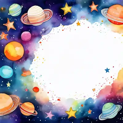 A whimsical watercolor painting depicts a colorful space scene with planets, stars, astronauts and a rocket and copy space