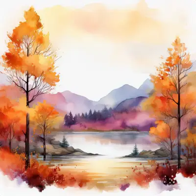 A serene watercolor painting depicts a tranquil autumnal lake scene nestled amidst colorful foliage and mountains, viewed from behind a rustic wooden fence with copy space
