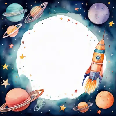 A whimsical watercolor painting depicts a colorful space scene with planets, stars, astronauts and a rocket and copy space
