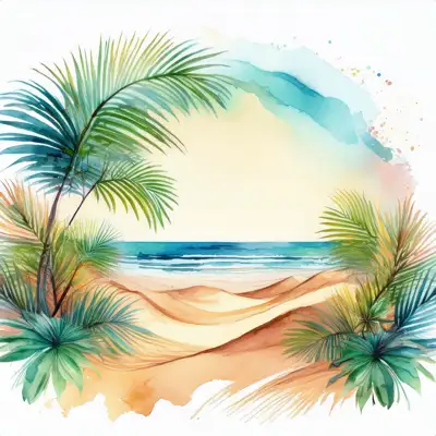 Tropical beach with waves and palm trees with copy space