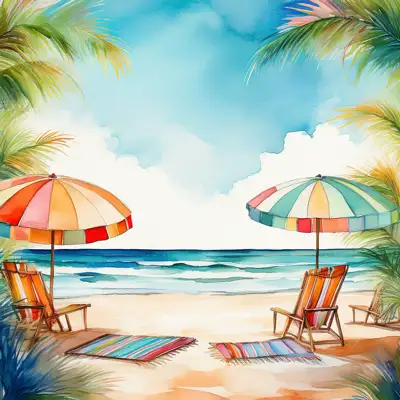 Tropical beach with waves, palm trees and beach umbrellas with copy space