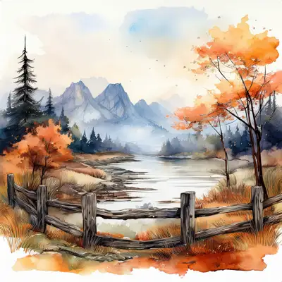 A serene watercolor painting depicts a tranquil autumnal lake scene nestled amidst colorful foliage and mountains, viewed from behind a rustic wooden fence with copy space