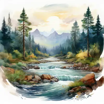 A serene watercolor painting depicts a meandering river flowing through a mountain valley at sunset, surrounded by lush evergreens and rocky banks