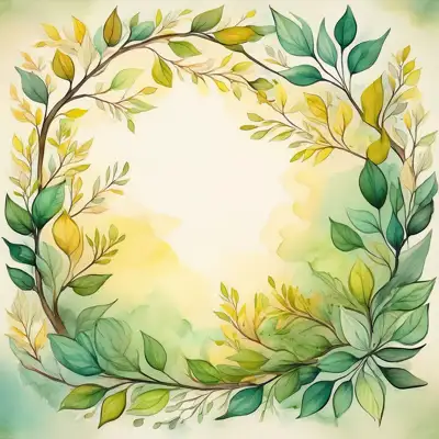 A watercolor-style illustration, featuring stylized tree branches and leaves in various shades of autumnal colors with copy space