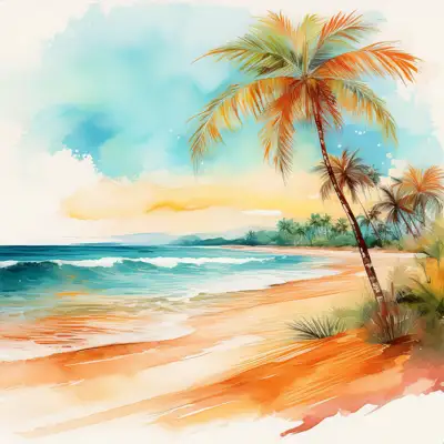 Tropical beach with waves and palm trees with copy space