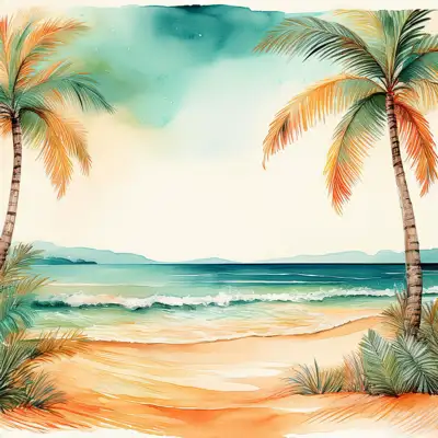 Tropical beach with waves and palm trees with copy space