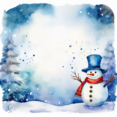 A watercolor painting depicting a cute snowman in winter scene with an assortment of seasonal elements with copy space
