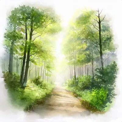 A watercolor painting depicts a pathway winding through a lush forest.