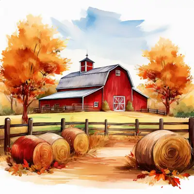 Rustic barn in autumn with hay bales