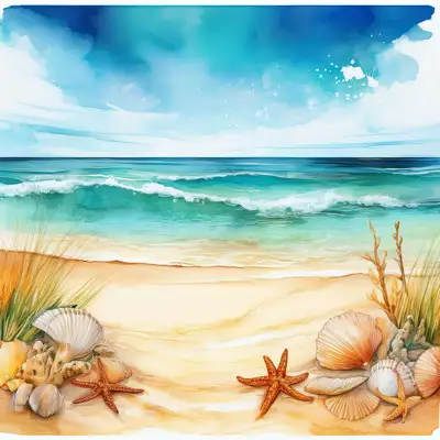 Tropical beach with waves, star fish and sea shells with copy space