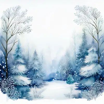 A winter forest scene of snow. Small, frosted bushes and branches are scattered across the snow with copy space.