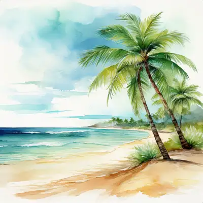 Tropical beach with waves and palm trees with copy space