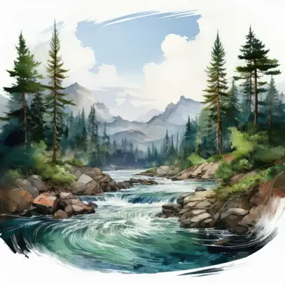A serene watercolor painting depicts a meandering river flowing through a mountain valley at sunset, surrounded by lush evergreens and rocky banks