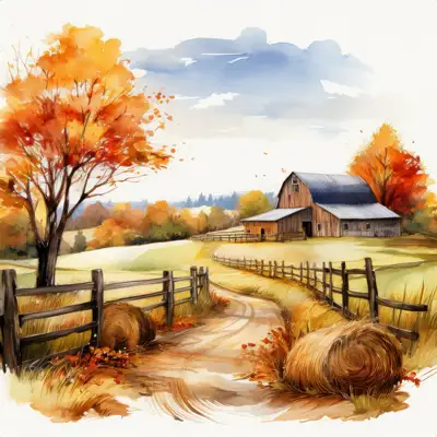 Rustic barn in autumn with a winding dirt road