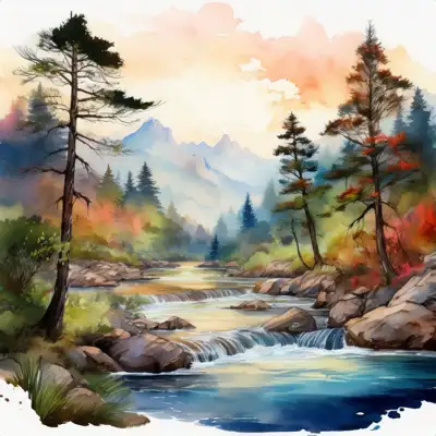 A serene watercolor painting depicts a meandering river flowing through a mountain valley at sunset, surrounded by lush evergreens and rocky banks