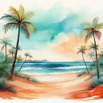 Tropical beach with waves and palm trees with copy space