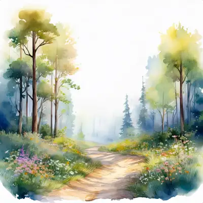 A watercolor painting depicts a pathway winding through a lush forest.