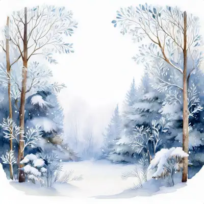 A winter forest scene of snow. Small, frosted bushes and branches are scattered across the snow with copy space.