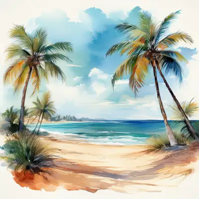 Tropical beach with waves and palm trees with copy space