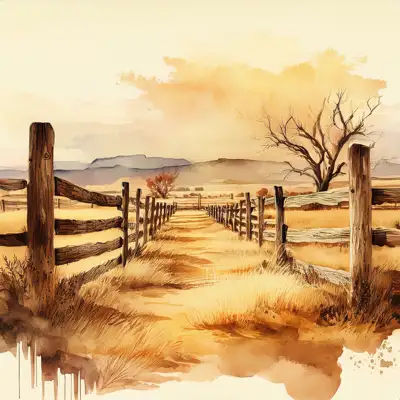 A dirt path winds through a grassy field, bordered by a weathered wooden fence with dark brown posts and horizontal planks with copy space