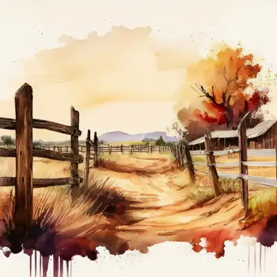 A dirt path winds through a grassy field, bordered by a weathered wooden fence with dark brown posts and horizontal planks with copy space