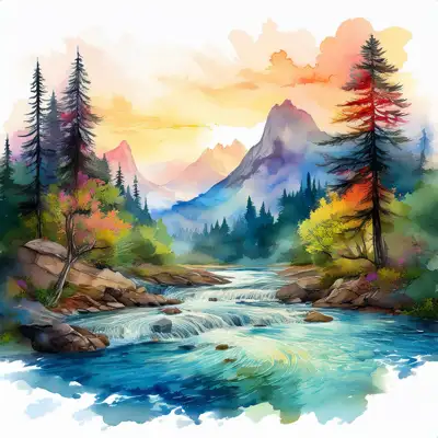 A serene watercolor painting depicts a meandering river flowing through a mountain valley at sunset, surrounded by lush evergreens and rocky banks
