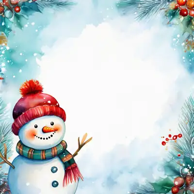 A watercolor painting depicting a cute snowman in winter scene with an assortment of seasonal elements with copy space
