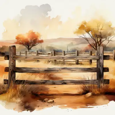 A dirt path winds through a grassy field, bordered by a weathered wooden fence with dark brown posts and horizontal planks with copy space