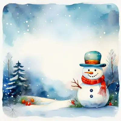 A watercolor painting depicting a cute snowman in winter scene with an assortment of seasonal elements with copy space