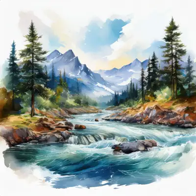 A serene watercolor painting depicts a meandering river flowing through a mountain valley at sunset, surrounded by lush evergreens and rocky banks