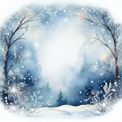 A winter forest scene of snow. Small, frosted bushes and branches are scattered across the snow with copy space.