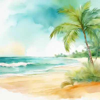 Tropical beach with waves and palm trees with copy space