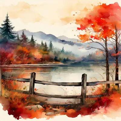 A serene watercolor painting depicts a tranquil autumnal lake scene nestled amidst colorful foliage and mountains, viewed from behind a rustic wooden fence with copy space