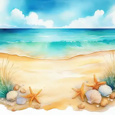 Tropical beach with waves, star fish and sea shells with copy space