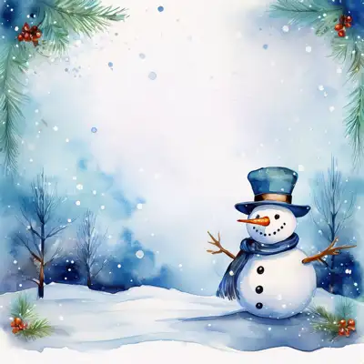A watercolor painting depicting a cute snowman in winter scene with an assortment of seasonal elements with copy space